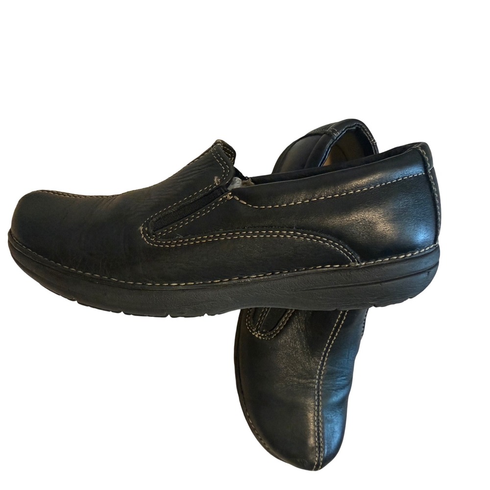 LL Bean Womens Black Leather Slip On Loafers Contrast Stitch Comfort Shoes